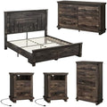 AMERLIFE 5 Pieces Farmhouse Bedroom Set, Includes Rustic Full Bed Frame with 54" Tall Headboard, 6 Drawer Dresser, 5 Drawer Tall Chest, Nightstands Set of 2 with Charging Station, Black Oak