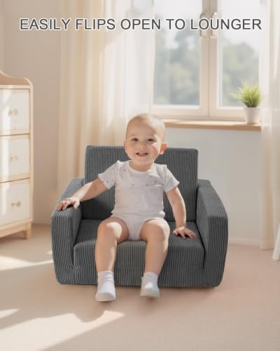 2-in-1 Kids Chair and Couch, Cozy Corduroy Kids Sofa, Grey