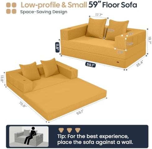 COMAX Boneless Futon Sofa Bed, 59" Small Low-Profile Floor Couch