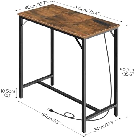 HOOBRO Bar Table with Charging Station, Rectangular Pub Table, High Top Coffee Table, Counter Bar Height Table, Narrow Long Dining Table, 35.4" L x 15.7" W x 35.6" H, Rustic Brown and Black BF90UBT01