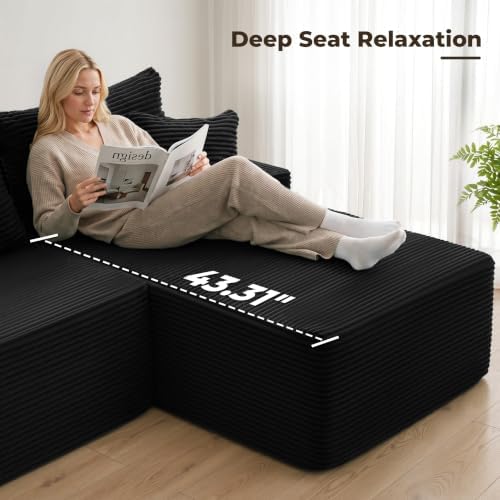 Mangodan Cloud Sectional Couch, Boneless Couches for Living Room, Black
