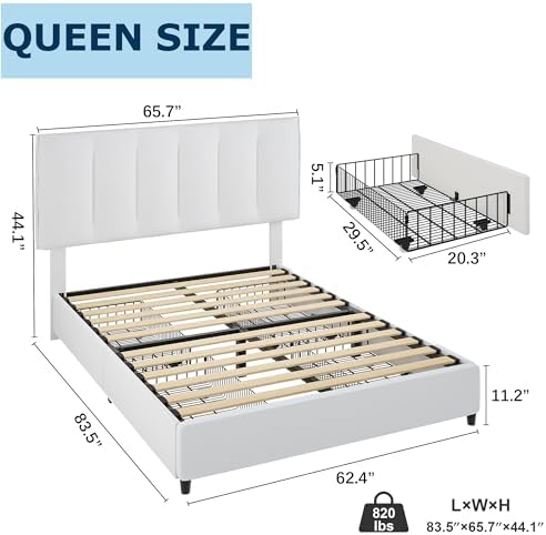 VECELO Queen Size Bed Frame with 4 Storage Drawers, Adjustable Height Headboard, Heavy-Duty Platform Bedframe with Strong Wooden Slats, No Box Spring Needed, Pure White