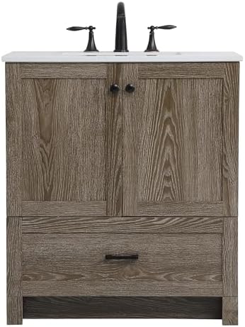 30" Pre-Assembled Bathroom Vanity with Sink, Engineered Wood, Ivory White Engineered Marble Countertop Attached, Single Rectangle Porcelain Sink, 1 Soft-Close Drawers, Weathered Oak
