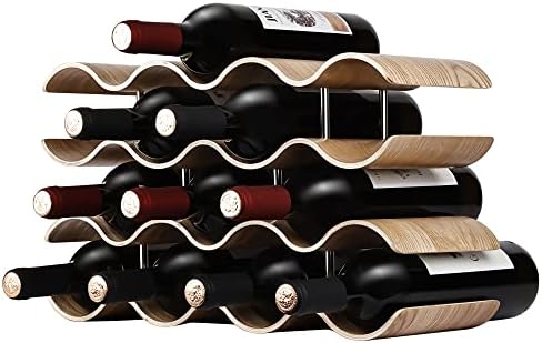 Countertop Wine Rack - 14 Bottle Freestanding Wine Bottle Holder Stand - 4 Tier Wooden Wine Storage Rack - Wavy Wine Organizer for Cabinet Pantry Home Kitchen Bar