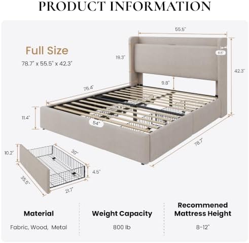 SHA CERLIN Full Size Storage Bed Frame with 4 Oversized Drawers, Modern Wingback Headboard with Storage Shelf & Charging Station, No Box Spring Needed, Easy Assembly, Beige
