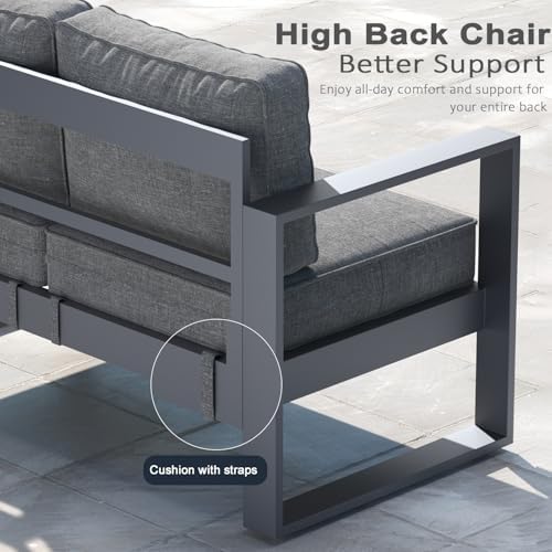 LayinSun Outdoor Patio Aluminum Sofa, Metal Modern 3-Seat Couch with Washable Thick Cushions