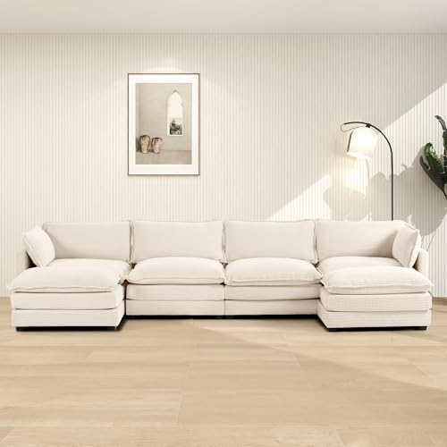 ROWHY 148'' Modular Sectional Cloud Couch with 2 Movable Ottomans, Oversized 6 Seat Modern Corduroy Sofas, Deep Seat U Shaped Couch for Living Room Bedroom Apartment, Beige