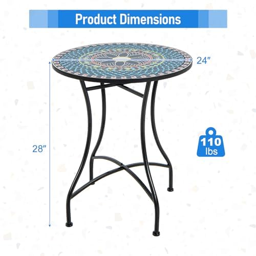 GIANTEX 24 Inch Patio Bistro Table, Mosaic Round Table w/Ceramic Tile Tabletop, Heavy-Duty Metal Structure, Outdoor Dining Table for Backyard, Garden, Porch (Multicolor (Floral Pattern))