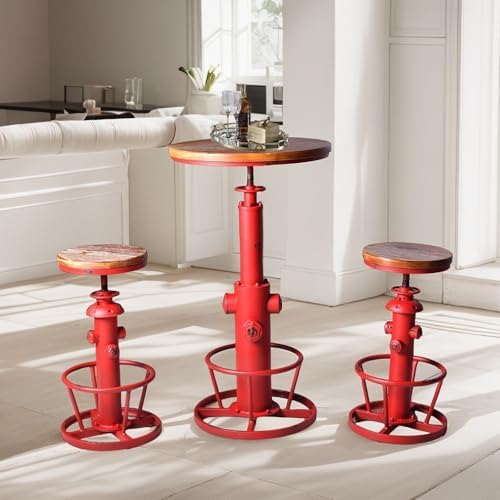 Vintage 38.6-44.4inch Height Adjustable Bar Table Industrial Fire Hydrant Design Pub Tables Farmhouse Cafe Cocktail Desk Rustic Bistro Table Swivel Wooden Top