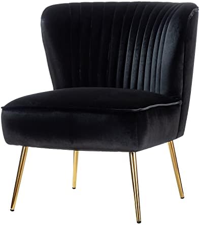 HULALA HOME Velvet Accent Chair, Modern Upholstered Cute Side Chair with Gold Metal Legs, Armless Wingback Slipper Chair Comfy Living Room Chair for Bedroom Guest Room Vanity,Black