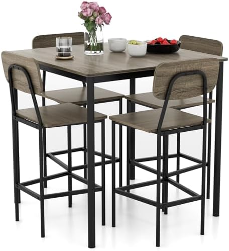 GIANTEX 5-Piece Dining Table Set W/Counter Height Table & 4 Bar Stools, Modern Kitchen Dining Set W/Footrest & Backrest, Space-Saving Dinette Set for Pub, Dining Room, Restaurant (Black Oak)