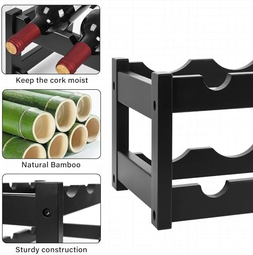 VASMIA Bamboo Wine Rack, 2-Tier Wine Racks Countertop Cabinet Wine Holder Wine Storage Shelf for Pantry Kitchen Bar Black