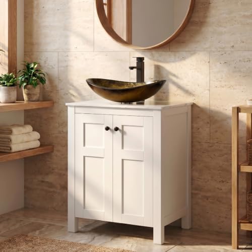 24 Inch White Bathroom Vanity with Marble Texture Top, Traditional Standing Pedestal Cabinet with Gold Boat Glass Sink