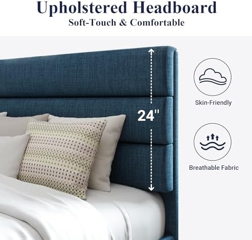 Allewie King Size Platform Bed Frame with Fabric Upholstered Headboard Blue