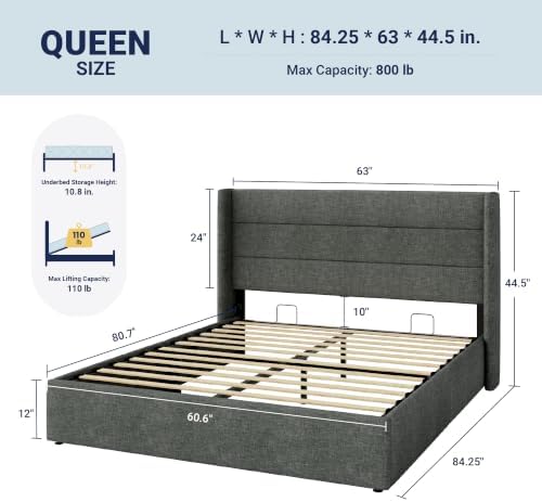 Allewie Queen Size Lift Up Hydraulic Storage Bed Frame Dark Grey