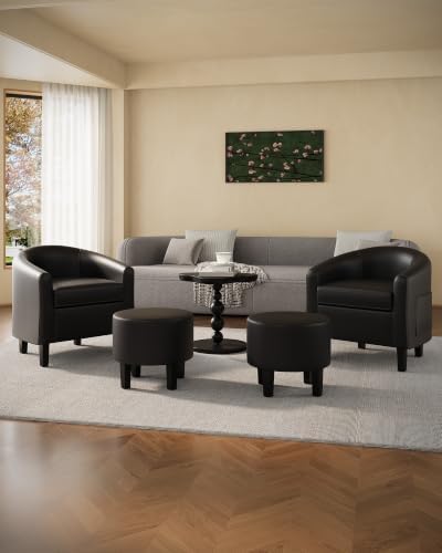 GarveeHome Chair and Ottoman Set, PU Leather Barrel Chair, Small Chair for Bedroom, Comfy Armchair with Footrest for Office & Study, Black