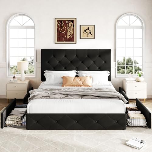 Allewie Queen Size Storage Bed Frame with 4 Underbed Drawers, Upholstered Platform Bed with Adjustable Headboard, Diamond Button Tufted, Easy Assembly, Noise-Free, No Box Spring Needed, Soft Black