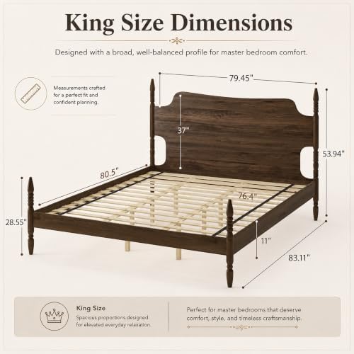 King Farmhouse Wood Platform Bed Frame with Headboard, Walnut Poster Bed