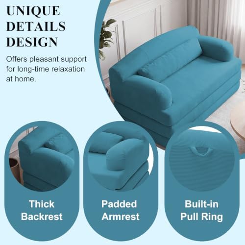 57” Convertible Sleeper Sofa Bed, Boneless Couch, Azure