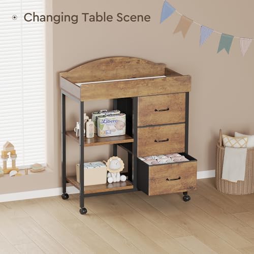Yetom Changing Table, 3 Drawers&2 Shelves, Changing Table Dresser, Brown