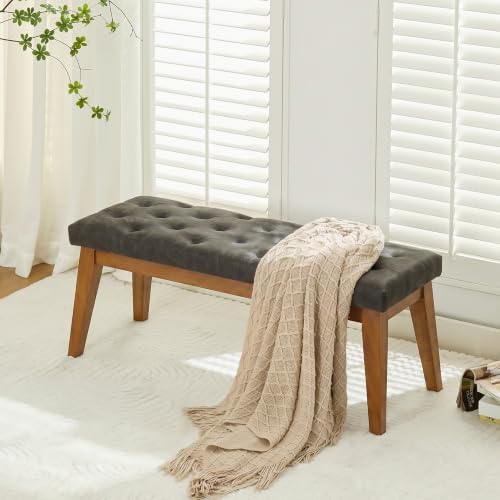 43.5" Padded Button Tufted Faux Leather End of Bed Bench, Charcoal Gray