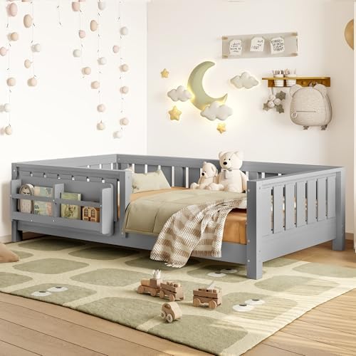 Bellemave Twin Size Montessori Floor Bed with Rails and Slats, Twin Size Floor Bed with Bookshelf and Fence, Low Profile Montessori Beds Frame for Girls, Boys, White