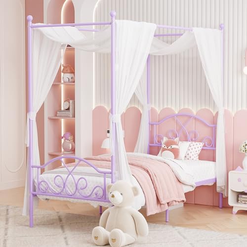 Twin Princess Canopy Bed Frame with 4 Posters, Twin Size Bed for Kids Girls
