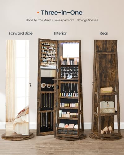 SONGMICS HOME Standing Jewelry Armoire, Full Length Mirror with Storage | Lockable Jewelry Cabinet with 6 LED Lights, Floor Mirror, Built-in Vanity, Rustic Brown Surface, Black Lining UJJC007X01SH