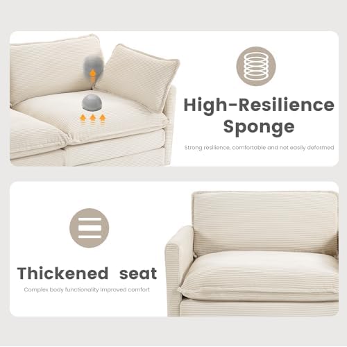 ROWHY 112'' Modular Sectional Cloud Couch with Movable Ottoman, 4 Seat Modern Corduroy Sofa, Deep Seat L Shaped Couch for Living Room Bedroom Apartment, Beige