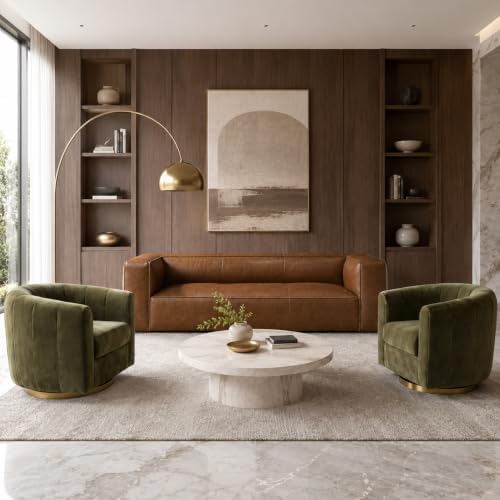 3-Piece Living Room Set, Genuine Leather Sofa + 2 Swivel Chairs