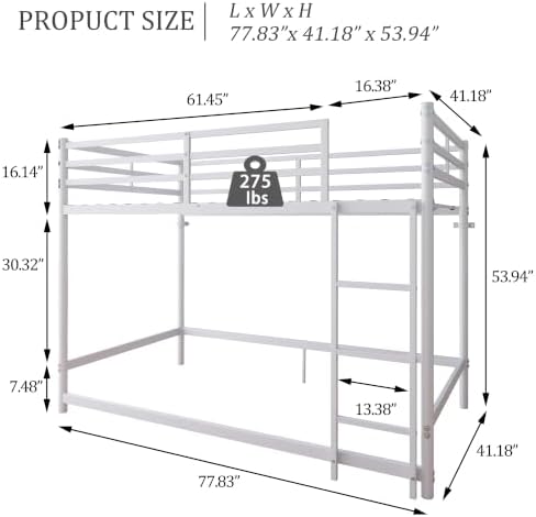 Bellemave Twin Over Twin Bunk Beds, Metal Floor Bunk Bed Frame with Ladder and Full-Length Guardrail for Kids, Adults, White