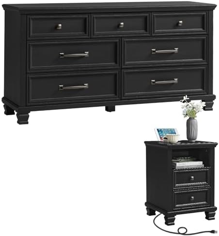 SAVOR LIFE Farmhouse Dresser and Nightstand Set of 2, Black