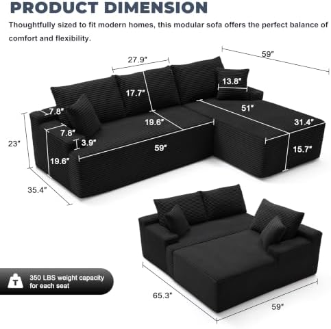 Mangodan Cloud Sectional Sofa, Boneless Couch for Living Room, Black