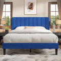 VECELO Queen Size Bed Frame with Upholstered Headboard, Velvet Platform Bedframe Mattress Foundation, Strong Wood Slat Support, No Box Spring Needed,Blue