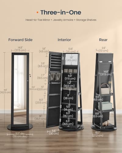 SONGMICS HOME Standing Jewelry Cabinet, Full Length Mirror with Storage | Swivel Jewelry Armoire, Lockable Rotating Organizer, Rear Storage Shelves, Bedroom Organization, Black UJJC006B01SH