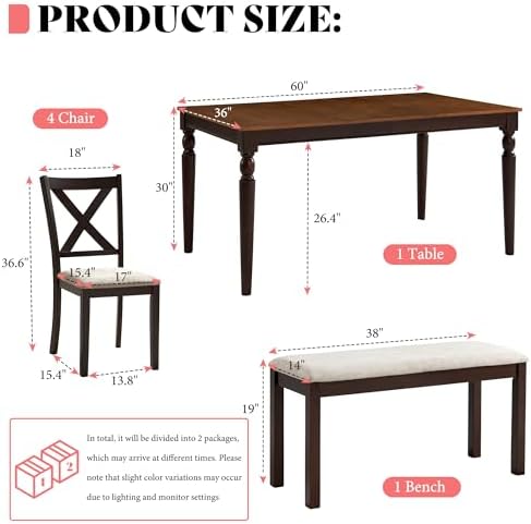 AMERLIFE 6 Piece Farmhouse Dining Set with 60" Solid Wood Table, Brown