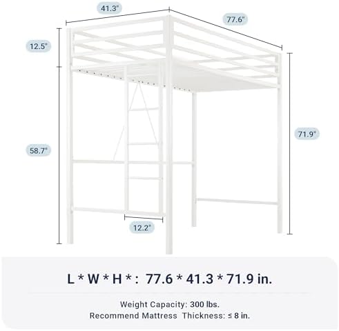 Allewie Metal Loft Bed Twin Size with Guardrail and Ladder,White