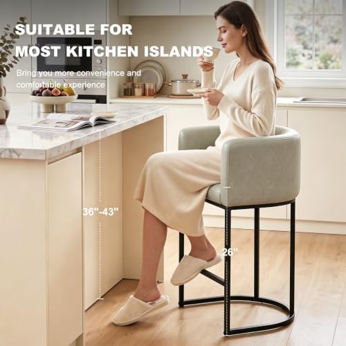 26" H Counter Height Bar Stools Set of 1, Modern Barrel Counter Stools with Backrest and Arms, Faux Leather Upholstered Accent Barstools for Kitchen Island,Support 450 LBS (Grayish White)