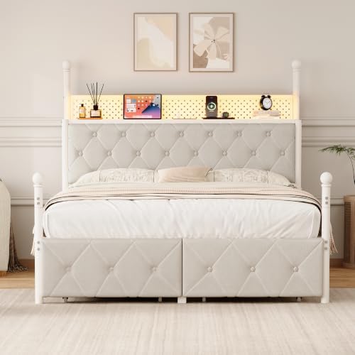 Queen Size Canopy Bed Frame with Charging Station and LED Lights