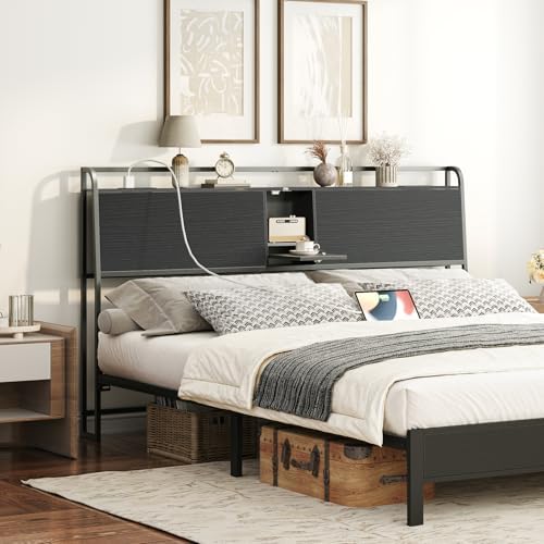 MAHANCRIS Headboard King Size with 2 Power Strips and Flip Door Storage