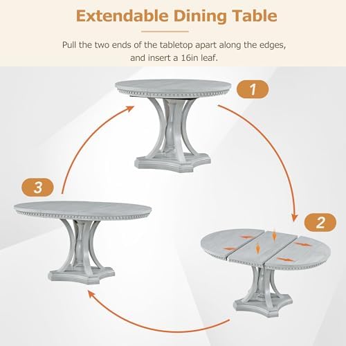 LUMISOL 5-Piece Solid Wood Dining Table Set for 4, Extendable Round Kitchen Table Set with 4 Upholstered Chairs, Farmhouse Table and Chairs Set for Kitchen, Dining Room, Antique Grey