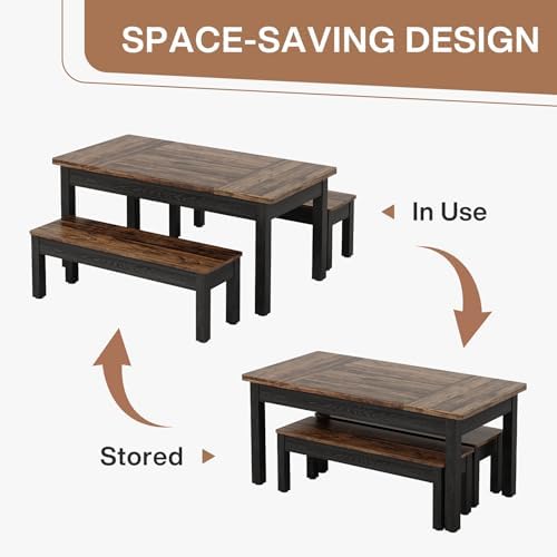 Tribesigns Farmhouse Kitchen Table Set for 4-6, 55-Inch Wooden Dining Table with 2 Benches, Space Saving 3 Pieces Heavy Duty Dinette for Dining Room, Kitchen, Small Space (Black-Brown)
