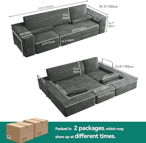 Oversize Convertible Boneless Couch Bed, 103 Inch Corduroy futon Sofa Bed