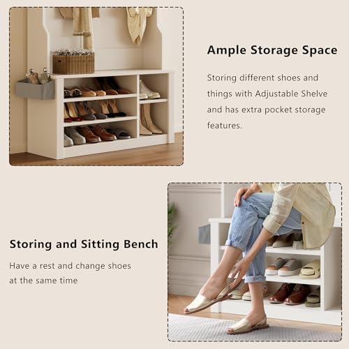 Aiho Hall Tree with Bench and Shoe Storage, 3-in-1 Entryway Hall Tree, with Adjustable Shoe Storage, for Entryway, Hallway, White