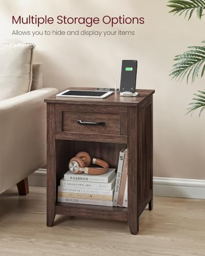 VASAGLE Farmhouse Nightstand with Charging Station, 1 Drawer