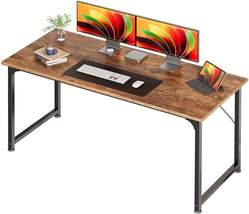 Huuger Computer Desk, 55 Inch Home Office Desk, Gaming Writing Work from Home Study Desk, Large Legroom, Sturdy Metal Frame, Modern Simple, Rustic Brown