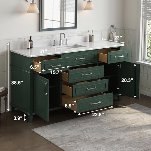60 Inch Bathroom Vanity Single Sink, Solid Wood, Green | Pre Assembled Freestanding Bathroom Vanities with with 2 Soft Close Doors & 5 Dovetail Drawers, 0.78" Stone Top, Backsplash