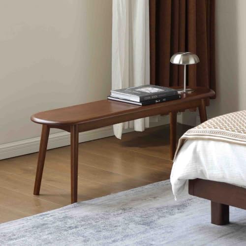 100% Solid Oak Dining Bench, Wood Bench for End of Bed with Rounded Corners, Entryway Benches for Farmhouse, Kitchen, Living Room(Walnut,12" L x 47.2" W x 16.2" H)