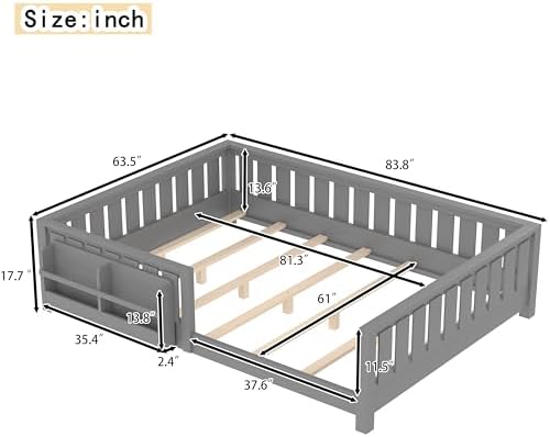 Bellemave Queen Size Floor Bed with Slats and Safety Guardrail, Queen Size Montessori Floor Bed with Fence and Built-in Bookshelf, Easy Assemble Montessori Beds for Girls, Boys, Gray