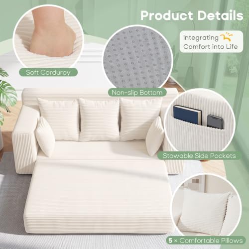 Boneless Couch for Living Room, 3 Seater Convertible Sofa Bed in A Box, Folding Pull Out Couch with Comfy Corduroy, Loveseat Sleeper Floor Sofa with 5 Pillows, No Assembly Required, Beige